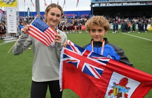 Madisyn Tiano (New York Rush Select) and Roman Gaglio (IDA Bermuda) pictured at the global celebration to kick-off 2025 Budget Energy SuperCupNI in front of a packed crowd at Coleraine Showgrounds.