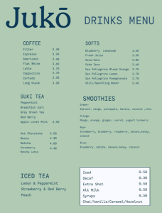 Juko's drinks menu