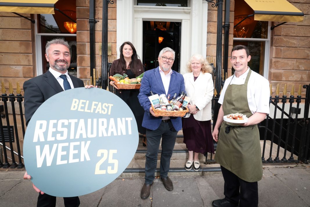 Michele Shirlow, Founder of Food NI, Martina Connolly, CEO of Belfast One BID, Damien Corr, Cathedral Quarter BID Manager, Christopher McCracken, Managing Director of Linen Quarter BID and Stephen Ferris, Head Chef at Margot.